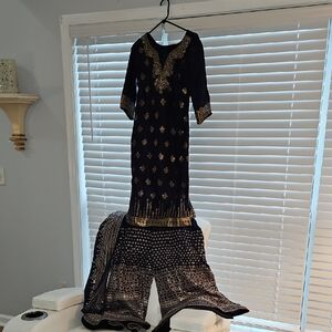 Navy and Bronze/Gold Embroidered Palazzo Outfit